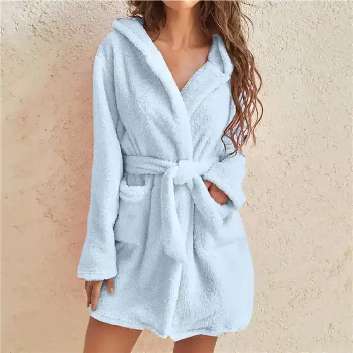 Peignoir en Velours à Capuche pour Femme, Couleur Unie, Mignon, Chaud, Dessin Animé, Lapin, Glutnel, Kimono, Vêtements de Nuit 2