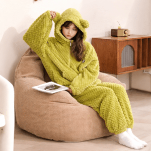 Veste pyjama et pantalon pyjama femme moumoute vert